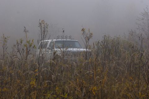 1993 Ford Bronco - A white Ford Bronco is partially obscured by tall grass and foliage in a foggy, natural setting. Four auxiliary lights are mounted on the r…