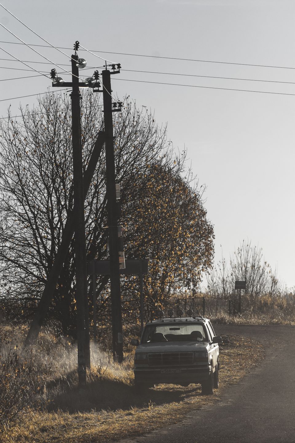 Dark SUV with roof lights parked on a dirt road next to a utility pole and trees.