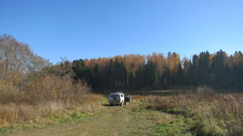 1993 Ford Bronco - A white SUV with its driver's side door open is parked on a dirt path leading towards a wooded area and a body of water. The vehicle has a…