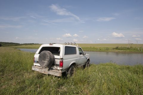 1993 Ford Bronco - A white Ford Bronco is parked on the grassy bank of a body of water on a sunny day. The rear of the vehicle is visible, showing a spare tir…