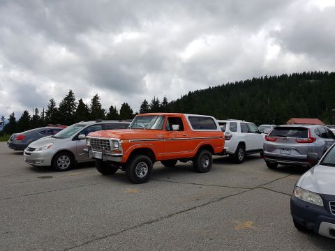 1978 Ford Bronco - An orange SUV is parked in a lot surrounded by other vehicles, with a wooded hill in the background under a cloudy sky.
