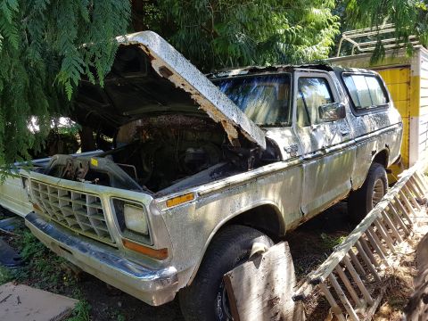 1978 Ford Bronco - This 1978 Ford Bronco appears weathered and in disrepair, with its hood propped open to reveal the engine compartment.