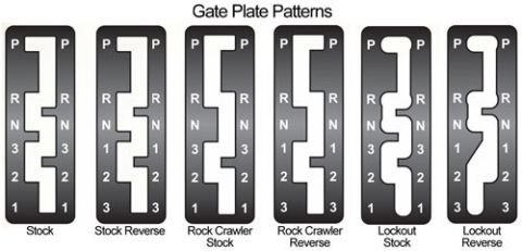 1992 Jeep Wrangler - A diagram shows six different gate plate patterns for a vehicle's gear shifter, labeled "Stock", "Stock Reverse", "Rock Crawler Stock", "Ro…