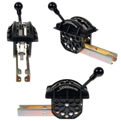 1992 Jeep Wrangler - Three views of a black Sidewinder throttle control assembly with a metal mounting bracket. The assembly features a black lever with a round…