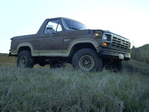 1985 Ford Bronco - A brown Ford Bronco is viewed from a 3/4 front angle on a grassy incline under a clear sky.