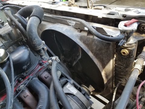 1985 Ford Bronco - Close-up view of a vehicle's radiator and fan assembly with surrounding engine parts.