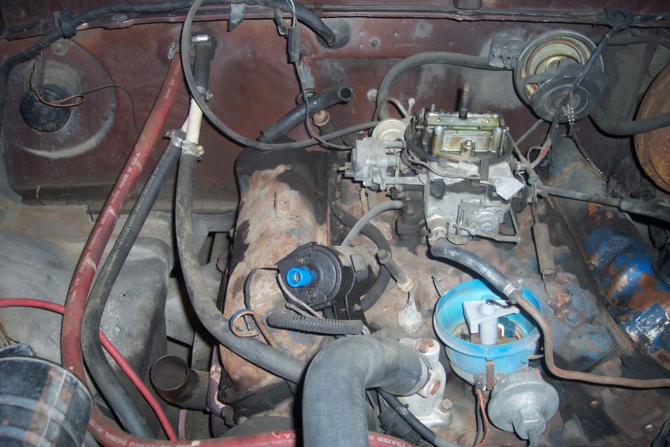 Engine bay showing carburetor, distributor, hoses, and wiring