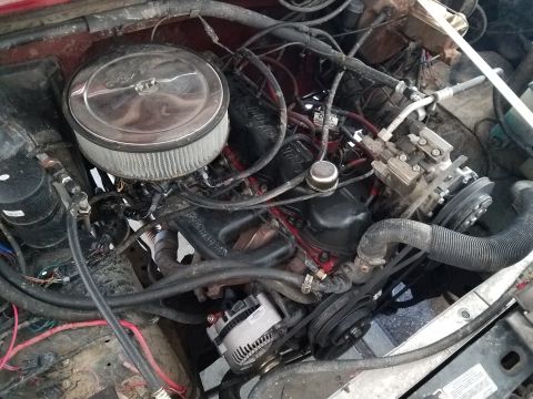1985 Ford Bronco - Close-up view of a vehicle's engine compartment, showing various components and wiring.