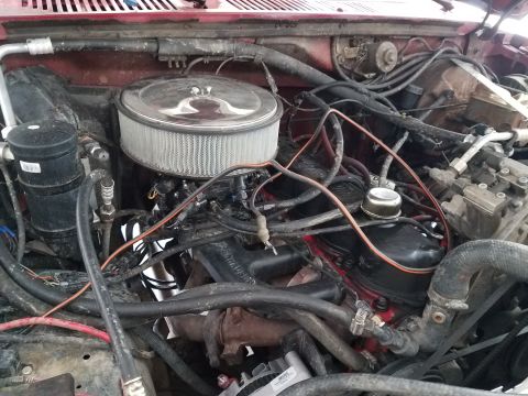 1985 Ford Bronco - The engine bay of a red vehicle, likely from the 1980s, is shown with its V8 engine components.
