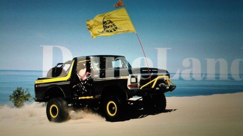 1978 Ford Bronco - A black 1978 Ford Bronco with yellow accents drives on a sandy beach, flying a yellow flag.