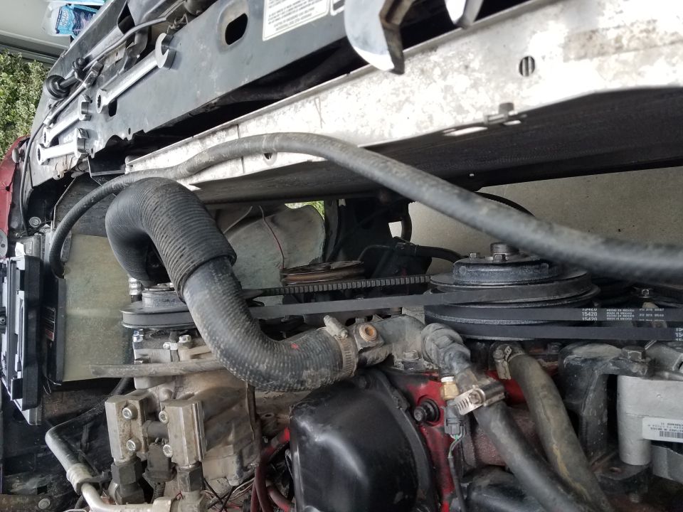 engine bay with hoses and belts visible