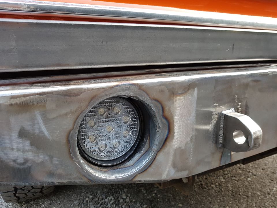 Custom metal bumper with round LED light and tow hook