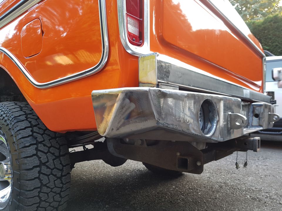 1978 Ford Bronco rear with custom steel bumper and tow hitch