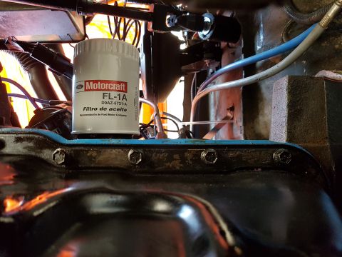 1978 Ford Bronco - A Motorcraft FL-1A oil filter is shown installed on an engine, likely during maintenance or a build.