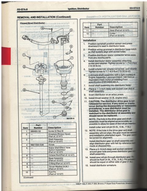 1996 Ford Bronco - Ford service manual exploded view of a closed-bowl (TFI) distributor listing armature, Hall-effect stator, octane rod and base assembly (mo…