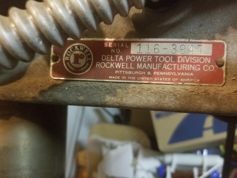 Rockwell Delta Power Tool Division nameplate with serial number 116-3947