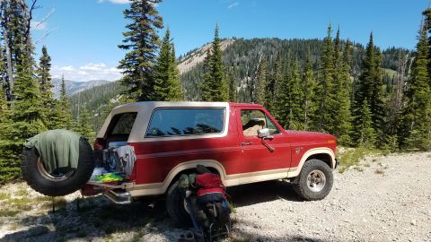 1985 Ford Bronco - A red Ford Bronco is parked in a scenic mountain landscape with trees and hills.