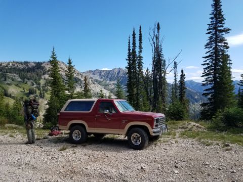 1985 Ford Bronco - A vintage Ford Bronco sits on a mountain road, ready for adventure.