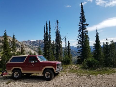 1985 Ford Bronco - A red and tan 1985 Ford Bronco is parked on a dirt road with a mountain range and pine trees in the background.
