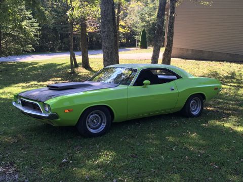 1974 Dodge Challenger - Lime green 1974 Dodge Challenger with a black hood scoop sits in a grassy yard.