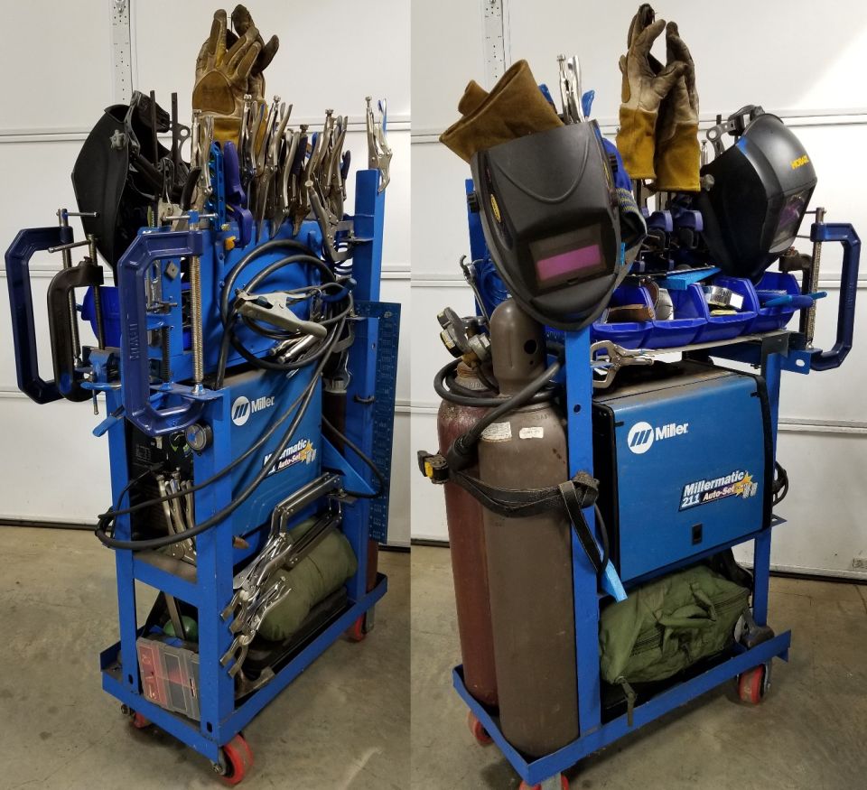 In addition to the welder, spool gun, bottles, hoods, gloves, tips, & spools, the cart also carries vise grips of every size & shape, bar clamps, C-clamps, magnets, hammers, tapes, squares, & sleeves.  But it occupies very little floor space, and fits easily through doors.  The wide wheels roll OK off pavement.