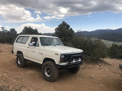 1981 Ford Bronco - A white Ford Bronco is parked on a dirt road with a scenic view of hills and trees.
