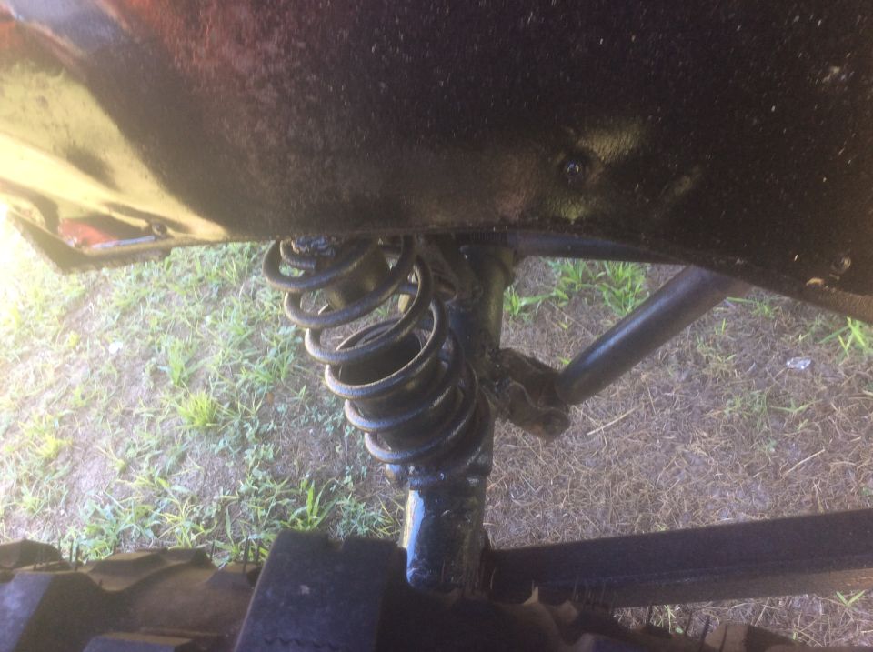Close-up of a vehicle's coil spring and shock absorber assembly
