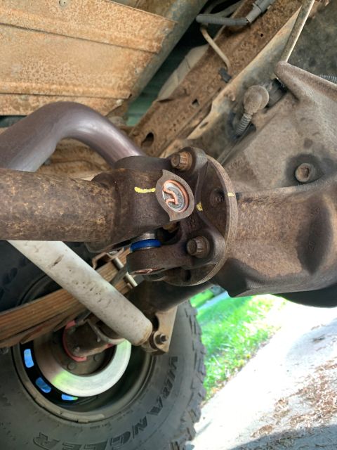 1996 Ford Bronco - Underside view of a vehicle's rear axle assembly, showing the driveshaft and differential components.
