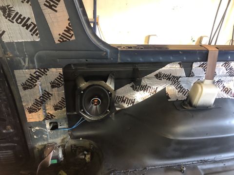 1995 Ford Bronco - Sound deadening material and a new speaker are installed on the interior door panel.