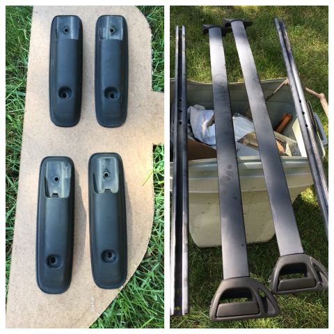 1996 Ford Bronco - Parts for a Ford Bronco roof rack are laid out on grass and cardboard.