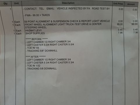 1978 Ford Bronco - This document details a 59-point alignment and suspension check, including before and after measurements.