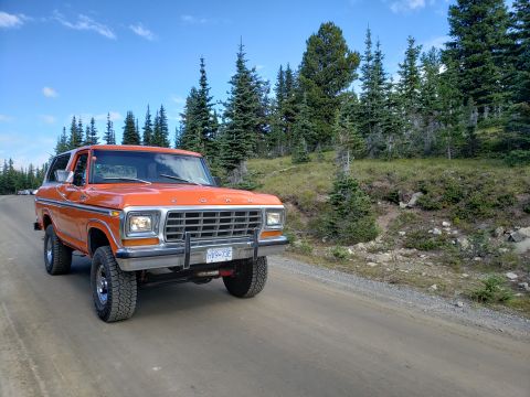 1978 Ford Bronco - Orange 1978 Ford Bronco on a dirt road in a wooded area.