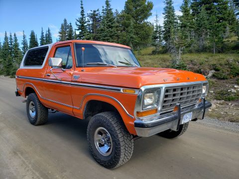 1978 Ford Bronco - This 1978 Ford Bronco is parked on a dirt road surrounded by pine trees under a clear blue sky.
