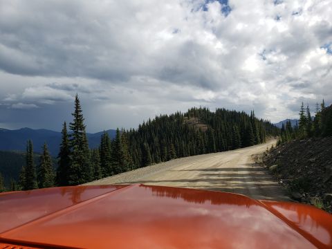 1978 Ford Bronco - View from an orange vehicle driving on a dirt road through a mountainous, forested area under a cloudy sky.