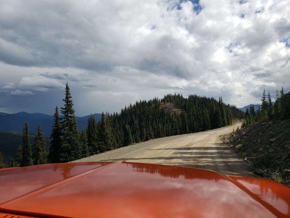 Orange vehicle hood reflecting a cloudy sky and a dirt road winding through a forest