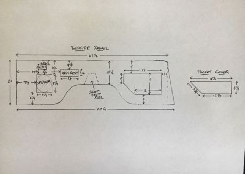 1996 Ford Bronco - Diagram shows dimensions for a bedside panel and a pocket cover, likely for a vehicle interior modification.