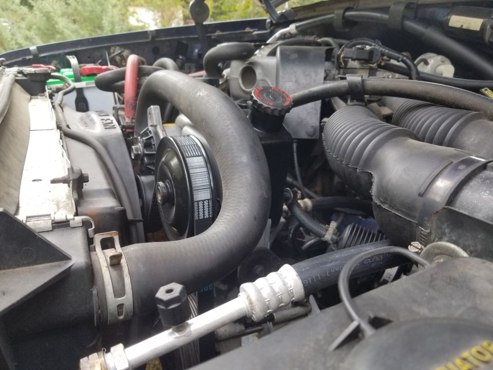 Saginaw PS Pump Swapped

After finding a few Saginaw setups on a junkyard run, I cleaned up all their parts and put one on this truck.  I also swapped to a Dayco 5060995 PolyRib belt, but I'll need a longer one when I swap to a 130A 3G alternator.  And I added a Raybestos magnetic filter using ~4" of 3/8" PS return hose & 2 clamps.  After a few days of driving, it's not leaking.  The previous Ford C2 pump had a steady drip from the high-pressure fitting.  I replaced this one's original beveled O-ring with a common green R134a O-ring because I couldn't find an exact replacement.  After a few hundred miles, it's not leaking, either.  I'm using WalMart's finest Dex/Merc ATF.