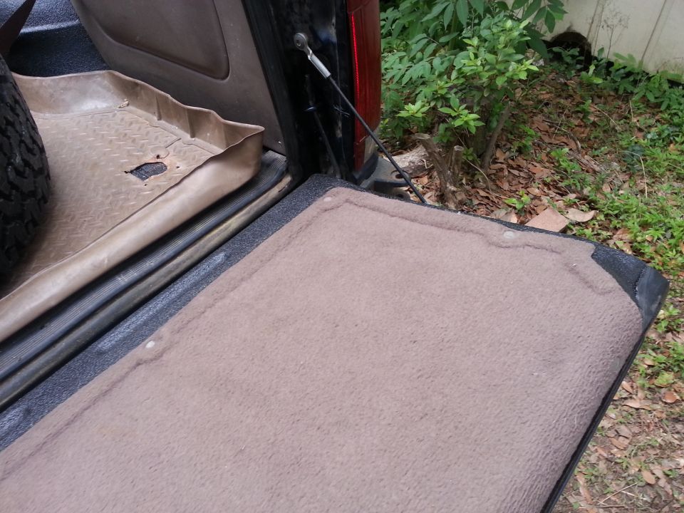 Interior of a tailgate with carpeted mat and spare tire visible