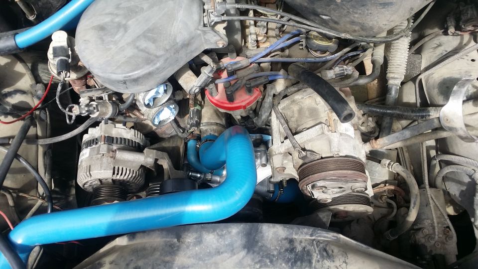 Close-up of a Ford Bronco engine bay with blue hoses and red distributor cap.