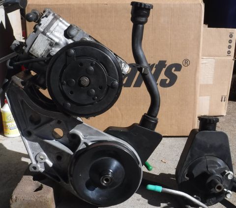 1992 Ford Bronco - Saginaw PS upgrade in process, using an Econoline bracket and Chevy S-Series long neck, highly offset reservoir for clearance below the Yor…