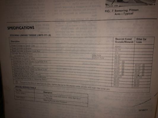 Steering linkage torque limits table in ft-lb for Maverick/Comet, Granada/Monarch and other car lines