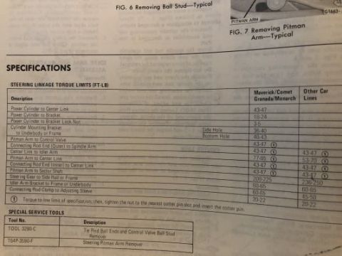 1979 Ford Ranchero - A page from a repair manual displays a table of steering linkage torque limits and a list of special service tools. The table includes spec…