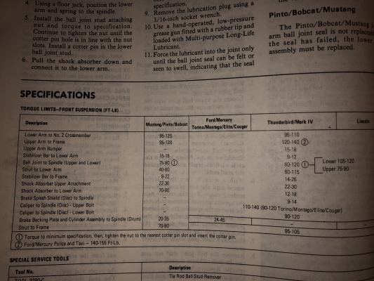 Repair manual page with front suspension torque specifications.