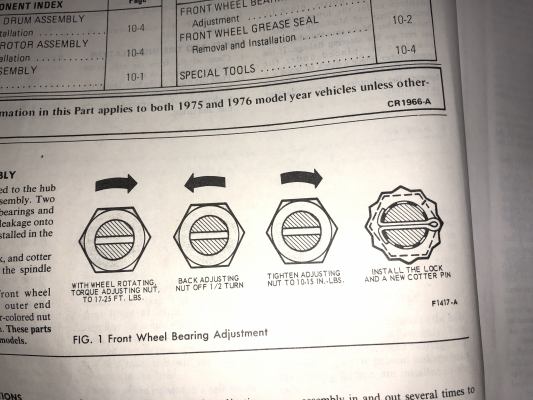 Diagram of front wheel bearing adjustment from a vehicle repair manual.