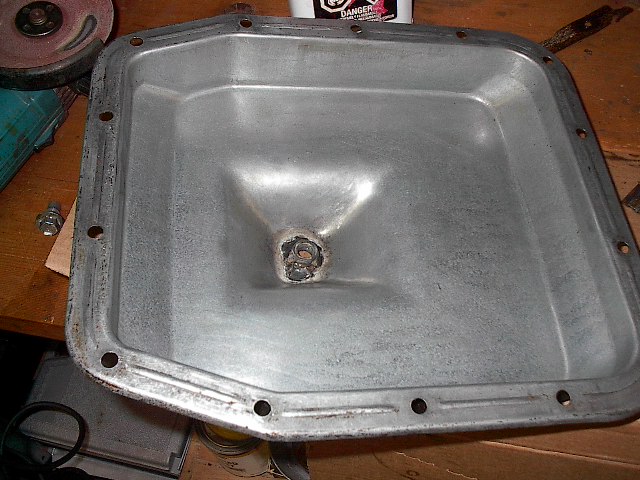 AOD tranny pan with new hole in sump
