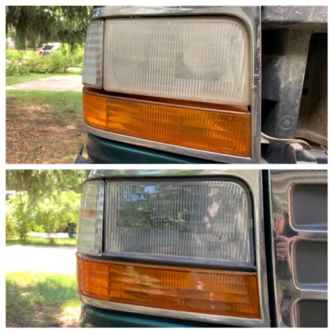 1996 Ford Bronco - Comparison of a 1996 Ford Bronco headlight before and after restoration, showing improved clarity.