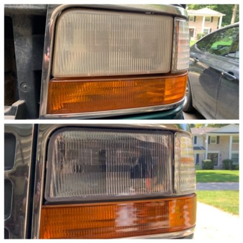 1996 Ford Bronco - Comparison of a car headlight before and after cleaning.