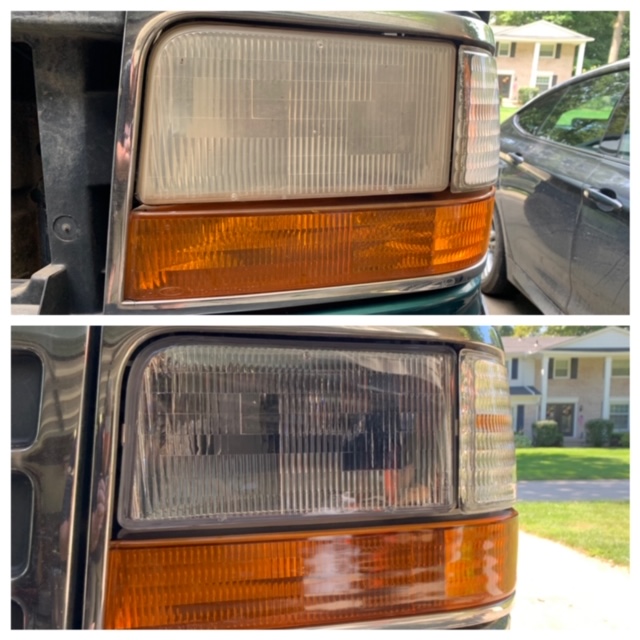Split image showing a dirty car headlight above a clean one