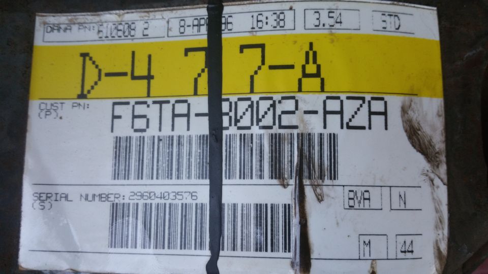 '96 Dana axle ID label with Ford part number, 3.54 ratio, build date and serial number barcodes