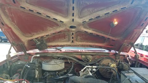 1985 Ford Bronco - The engine bay of a vehicle is shown with the hood raised, revealing the engine components and wiring.